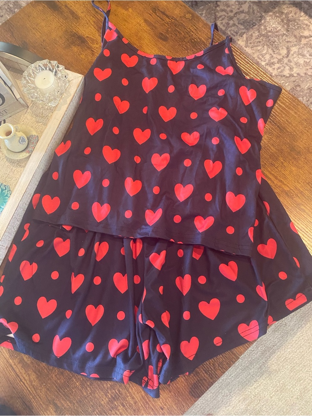 Red Heart Print Navy Pajama Cami & Shorts Set